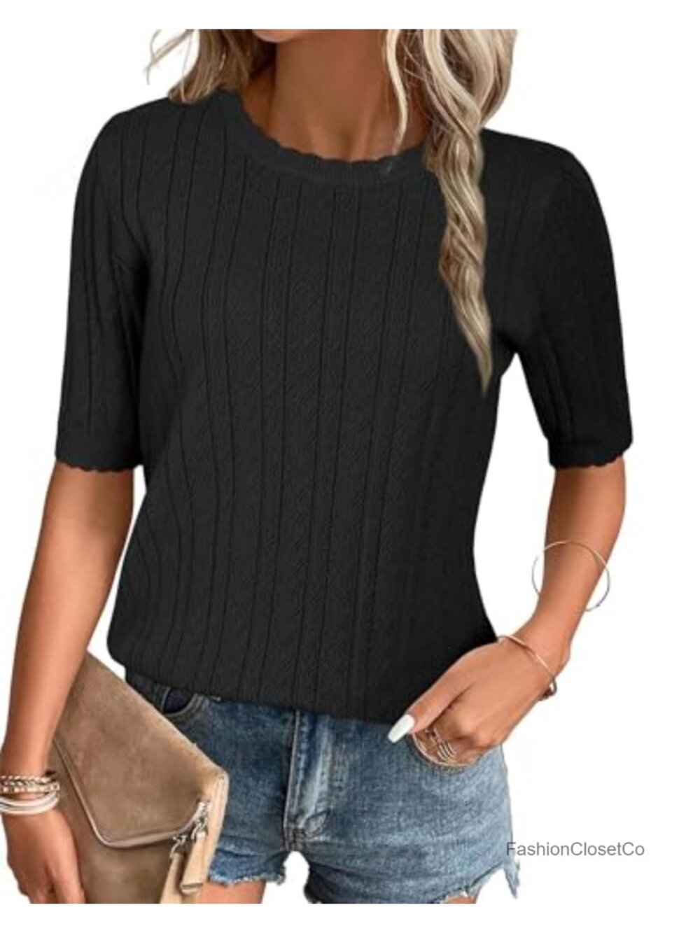 Women's Scalloped Short Sleeve Knit Sweater Pullover Crew Neck Textured - Picture 1 of 6